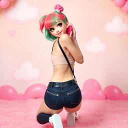 A cute femboy with a large backside, playfully posed from behind in a doggy-style position, showcasing a playful and flirty demeanor