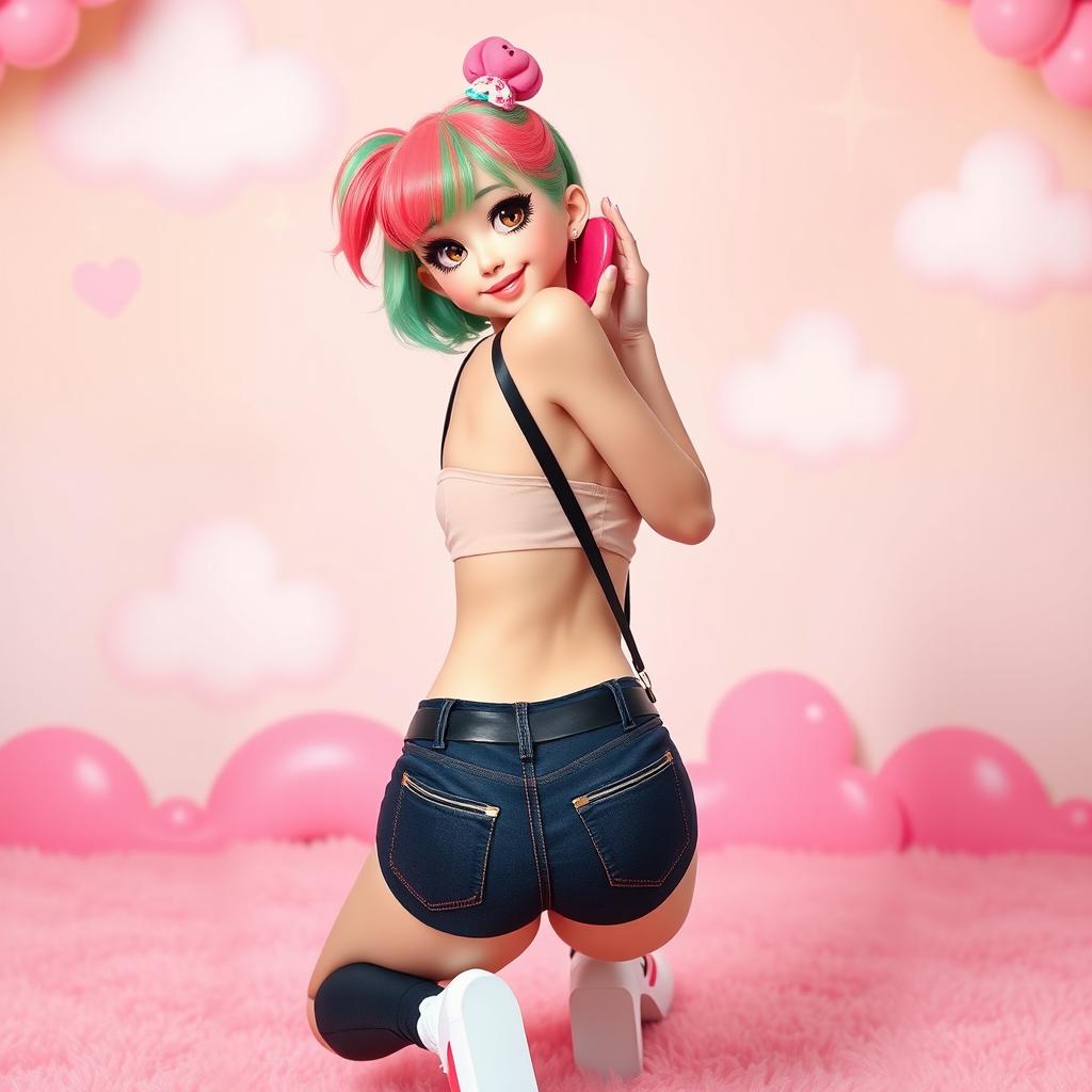 A cute femboy with a large backside, playfully posed from behind in a doggy-style position, showcasing a playful and flirty demeanor