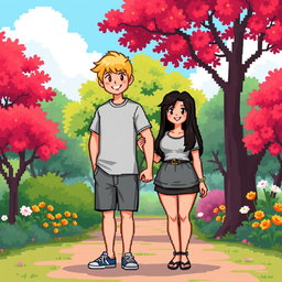 A charming pixel art illustration of a couple, featuring a tall blonde boy and a short plus-size Asian girl