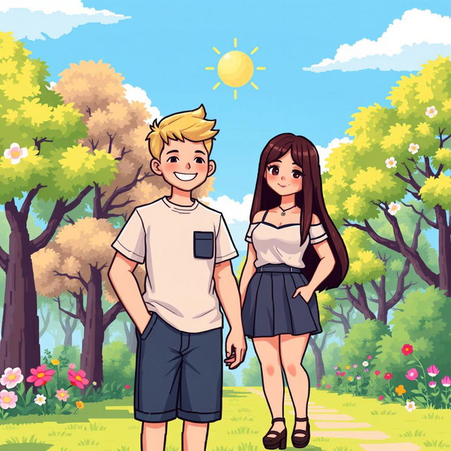 A charming pixel art illustration of a couple, featuring a tall blonde boy and a short plus-size Asian girl