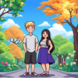 A charming pixel art illustration of a couple, featuring a tall blonde boy and a short plus-size Asian girl