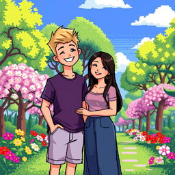A charming pixel art illustration of a couple, featuring a tall blonde boy and a short plus-size Asian girl