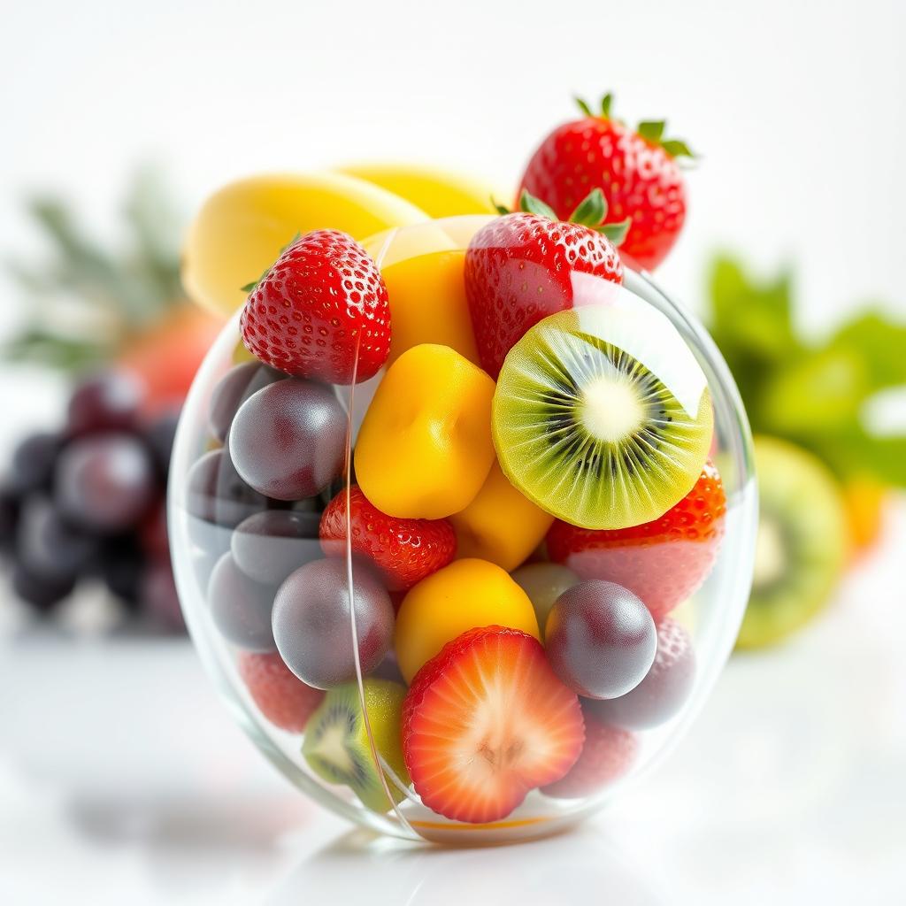 A transparent glass capsule, designed like a centre-open fruit capsule, overflowing with a variety of fresh fruits