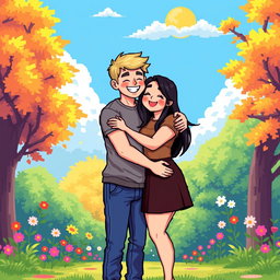A heartwarming pixel art illustration of a couple hugging, featuring a tall blonde boy and a short plus-size Asian girl