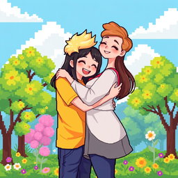 A heartwarming pixel art illustration of a couple hugging, featuring a tall blonde boy and a short plus-size Asian girl