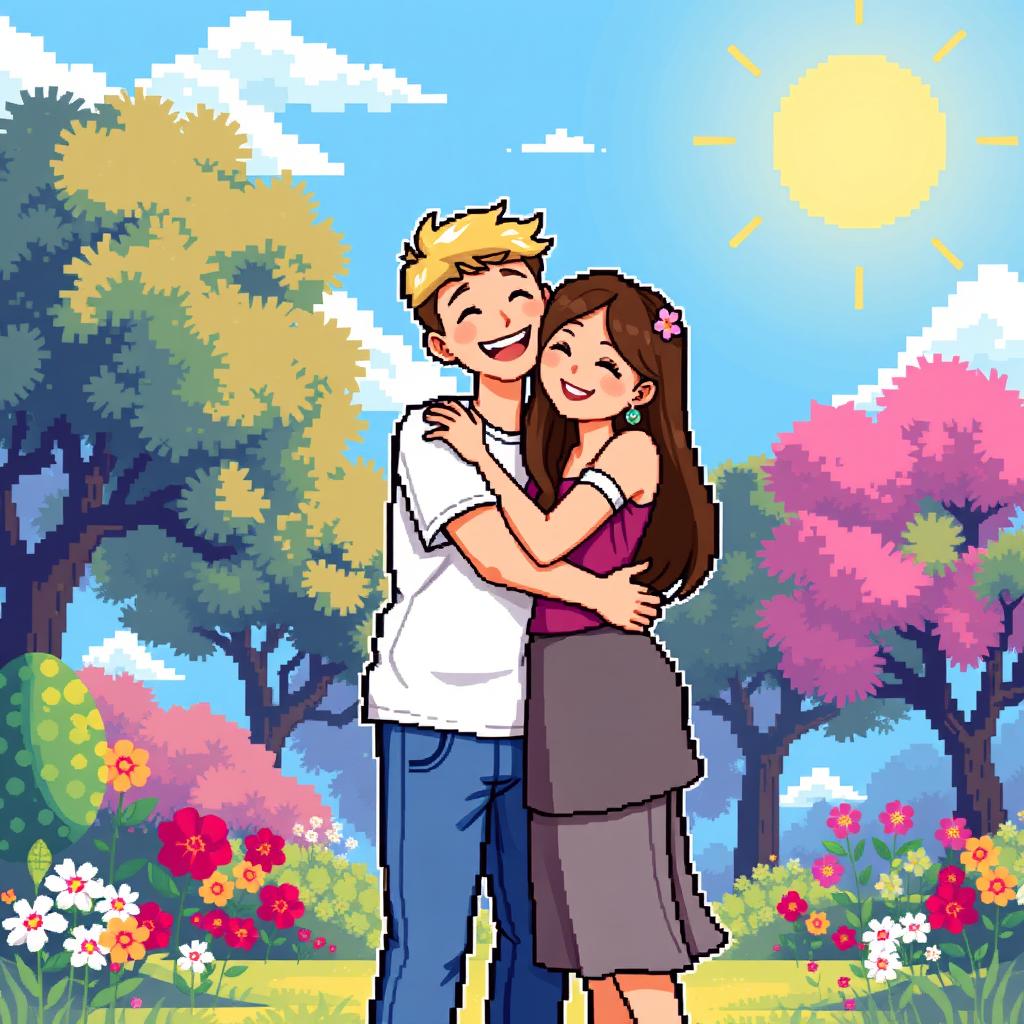 A heartwarming pixel art illustration of a couple hugging, featuring a tall blonde boy and a short plus-size Asian girl