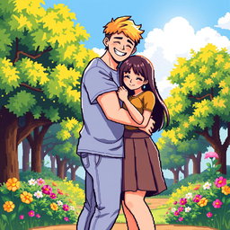 A heartwarming pixel art illustration of a couple hugging, featuring a tall blonde boy and a short plus-size Asian girl