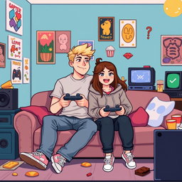 A lively pixel art illustration of a couple gaming together, featuring a tall blonde boy and a short plus-size Asian girl