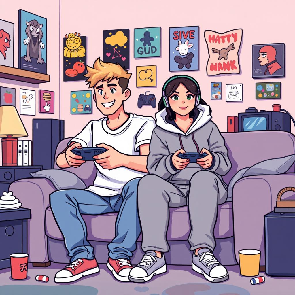 A lively pixel art illustration of a couple gaming together, featuring a tall blonde boy and a short plus-size Asian girl