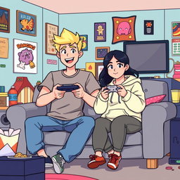 A lively pixel art illustration of a couple gaming together, featuring a tall blonde boy and a short plus-size Asian girl