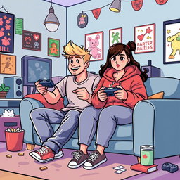 A lively pixel art illustration of a couple gaming together, featuring a tall blonde boy and a short plus-size Asian girl