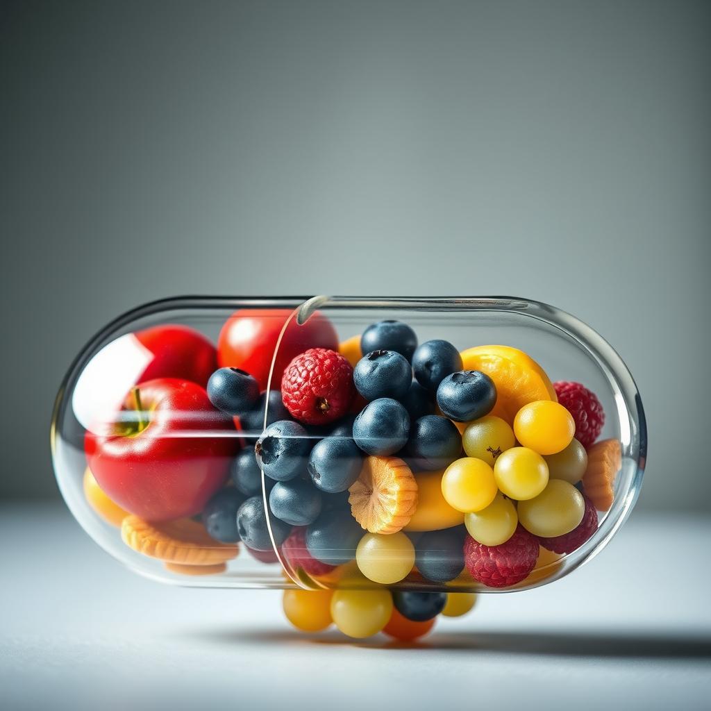 A transparent capsule filled with an assortment of vibrant fruits, showcasing a mix of colors and textures