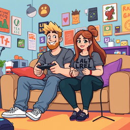 A lively pixel art illustration of a couple gaming together, featuring a tall blonde boy with a beard and a short plus-size Asian girl