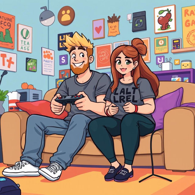 A lively pixel art illustration of a couple gaming together, featuring a tall blonde boy with a beard and a short plus-size Asian girl