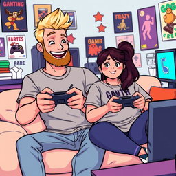 A lively pixel art illustration of a couple gaming together, featuring a tall blonde boy with a beard and a short plus-size Asian girl
