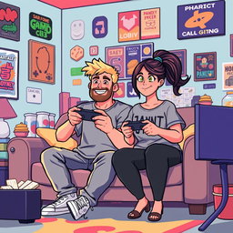 A lively pixel art illustration of a couple gaming together, featuring a tall blonde boy with a beard and a short plus-size Asian girl