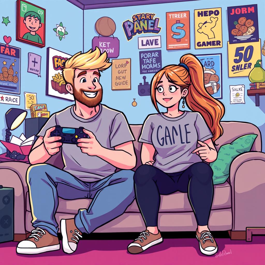 A lively pixel art illustration of a couple gaming together, featuring a tall blonde boy with a beard and a short plus-size Asian girl
