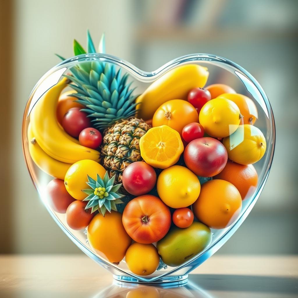 A transparent heart-shaped container filled with an assortment of vibrant fruits, including ripe bananas, golden pineapples, juicy green and red grapes, bright yellow lemons, zesty oranges, and sweet mangoes