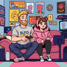 A lively pixel art illustration of a couple gaming together, featuring a tall blonde boy with a beard and a short plus-size Asian girl