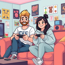 A lively pixel art illustration of a couple gaming together, featuring a tall blonde boy with a beard and a short plus-size Asian girl