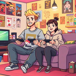 A lively pixel art illustration of a couple gaming together, featuring a tall blonde boy with a beard and a short plus-size Asian girl