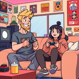 A lively pixel art illustration of a couple gaming together, featuring a tall blonde boy with a beard and a short plus-size Asian girl