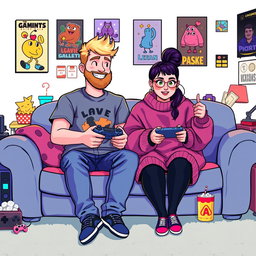 A vibrant pixel art illustration of a couple gaming together, featuring a tall blonde boy with a beard and a short plus-size Asian girl