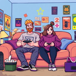 A vibrant pixel art illustration of a couple gaming together, featuring a tall blonde boy with a beard and a short plus-size Asian girl