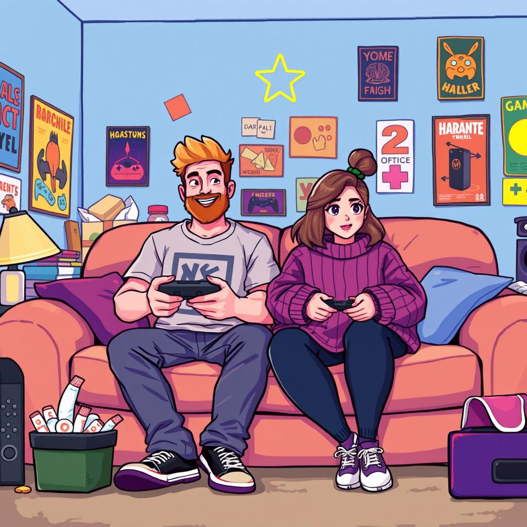 A vibrant pixel art illustration of a couple gaming together, featuring a tall blonde boy with a beard and a short plus-size Asian girl