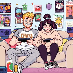 A vibrant pixel art illustration of a couple gaming together, featuring a tall blonde boy with a beard and a short plus-size Asian girl