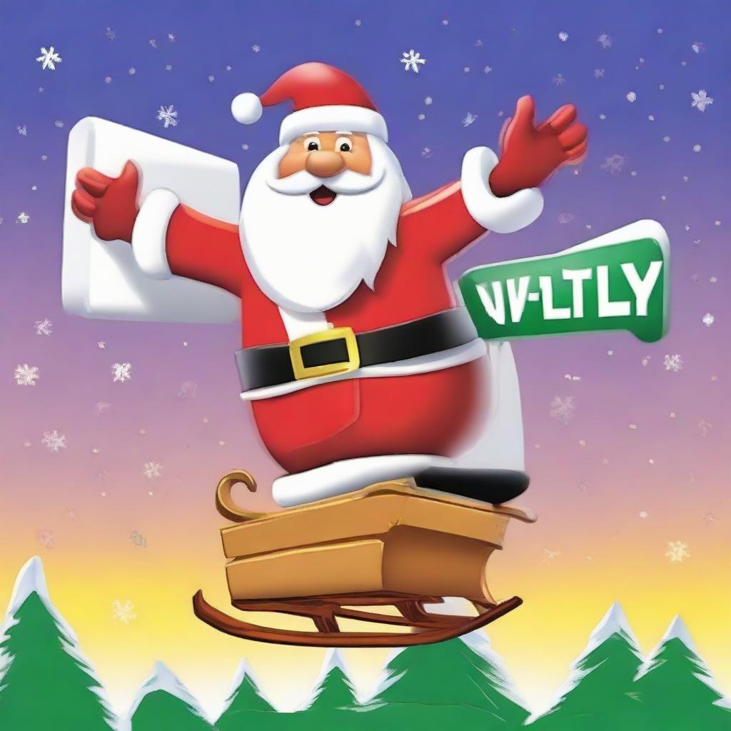 Santa Claus in his sleigh soaring over a sign that boldly says 'Welly', styled in the manner of the Hollywood sign, with a large Santa hat neatly set atop it.