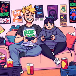 A vibrant pixel art illustration of a couple gaming together, featuring a tall blonde boy with a beard and a short plus-size Asian girl