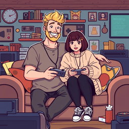 A cute retro pixel art illustration of a couple gaming together, featuring a tall blonde boy with a beard and a short plus-size Asian girl