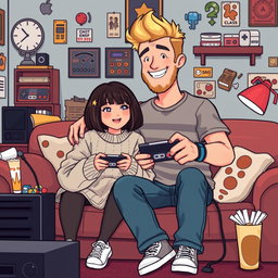 A cute retro pixel art illustration of a couple gaming together, featuring a tall blonde boy with a beard and a short plus-size Asian girl