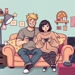A cute retro pixel art illustration of a couple gaming together, featuring a tall blonde boy with a beard and a short plus-size Asian girl