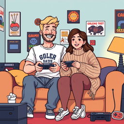 A charming retro pixel art depiction of a couple gaming together, showcasing a tall blonde boy with a beard and a short plus-size Asian girl with medium brown hair
