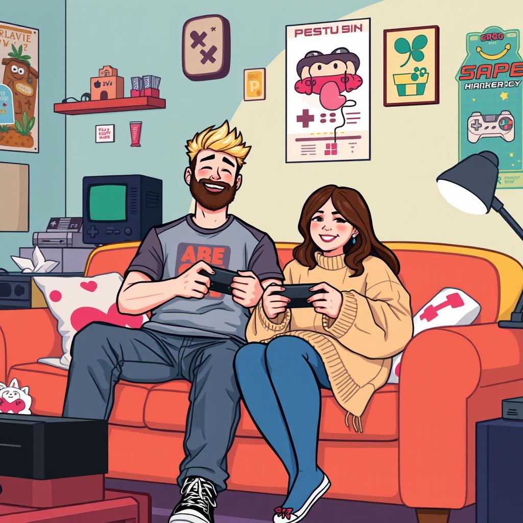 A charming retro pixel art depiction of a couple gaming together, showcasing a tall blonde boy with a beard and a short plus-size Asian girl with medium brown hair