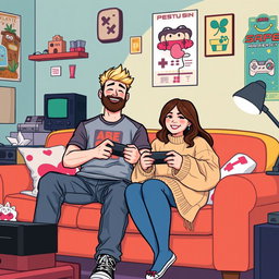 A charming retro pixel art depiction of a couple gaming together, showcasing a tall blonde boy with a beard and a short plus-size Asian girl with medium brown hair