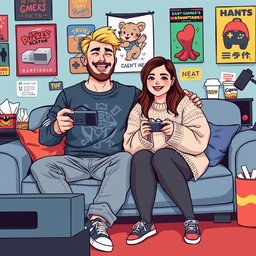 A charming retro pixel art depiction of a couple gaming together, showcasing a tall blonde boy with a beard and a short plus-size Asian girl with medium brown hair
