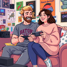 A charming retro pixel art depiction of a couple gaming together, showcasing a tall blonde boy with a beard and a short plus-size Asian girl with medium brown hair