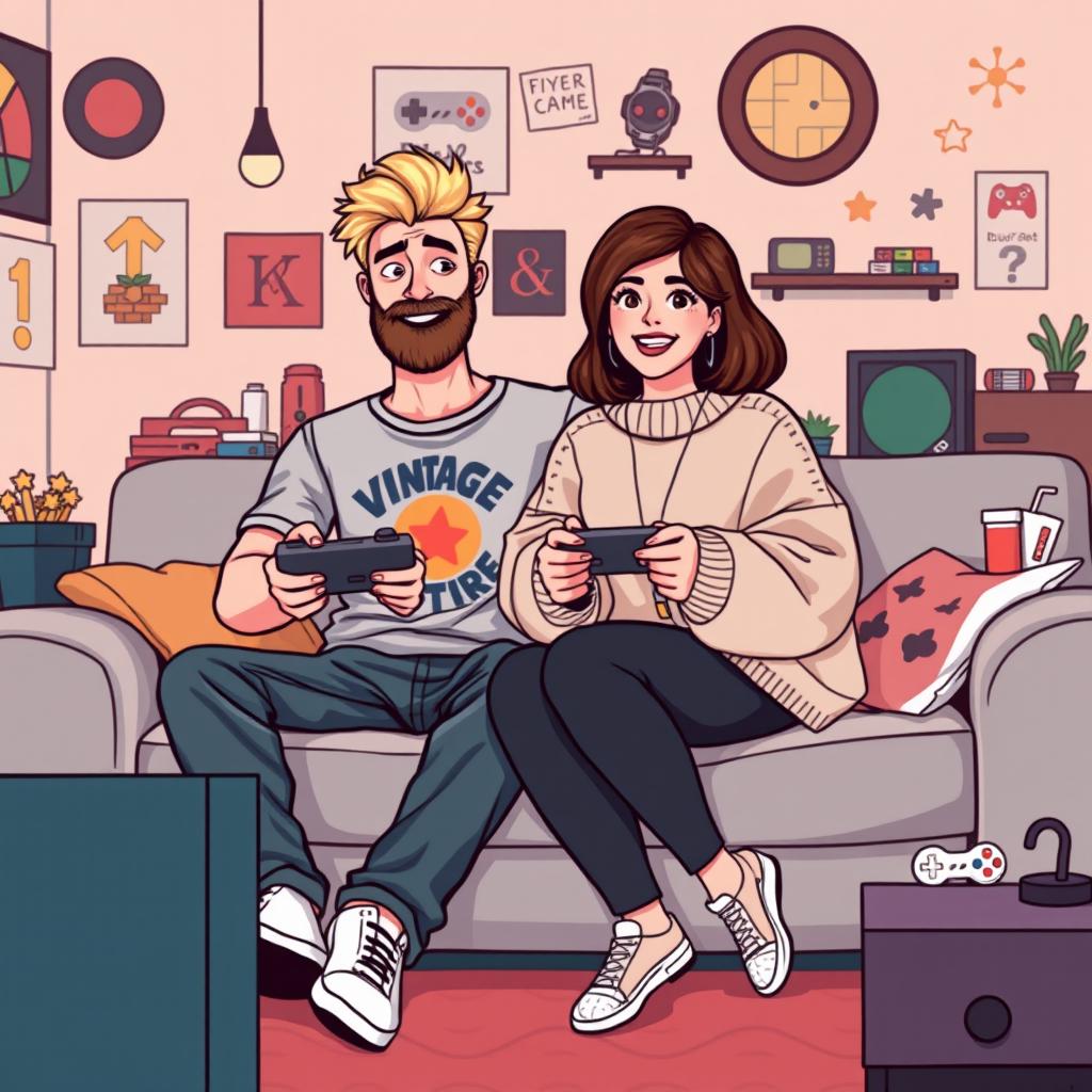A cute retro pixel art depiction of a couple gaming together, showcasing a tall blonde boy with a beard and a short plus-size Asian girl with medium brown hair
