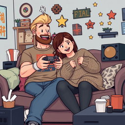A cute retro pixel art depiction of a couple gaming together, showcasing a tall blonde boy with a beard and a short plus-size Asian girl with medium brown hair