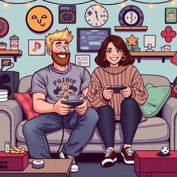 A cute retro pixel art depiction of a couple gaming together, showcasing a tall blonde boy with a beard and a short plus-size Asian girl with medium brown hair