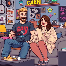A cute retro pixel art depiction of a couple gaming together, showcasing a tall blonde boy with a beard and a short plus-size Asian girl with medium brown hair