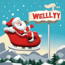 Santa Claus in his sleigh flying over a sign reading 'Welly', modelled after the classic Hollywood sign, with a big Santa hat resting on top.