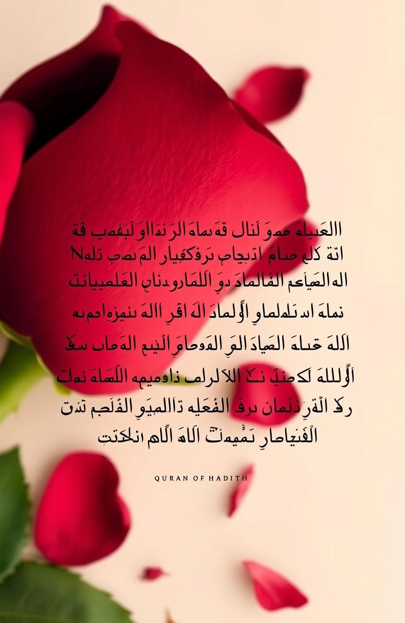 A soft, creamy background featuring a partially opened deep red rose with delicate petals scattered around it