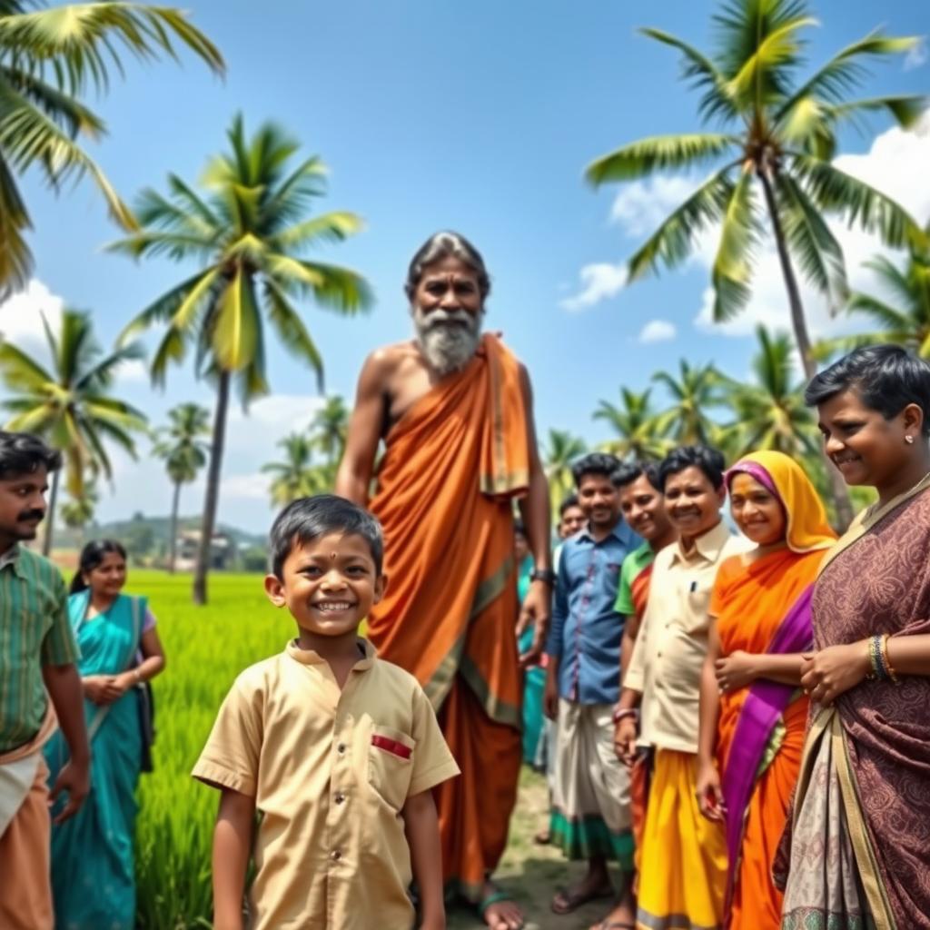 A vibrant scene in a Kerala village depicting a cheerful 9-year-old boy interacting with a towering giant man