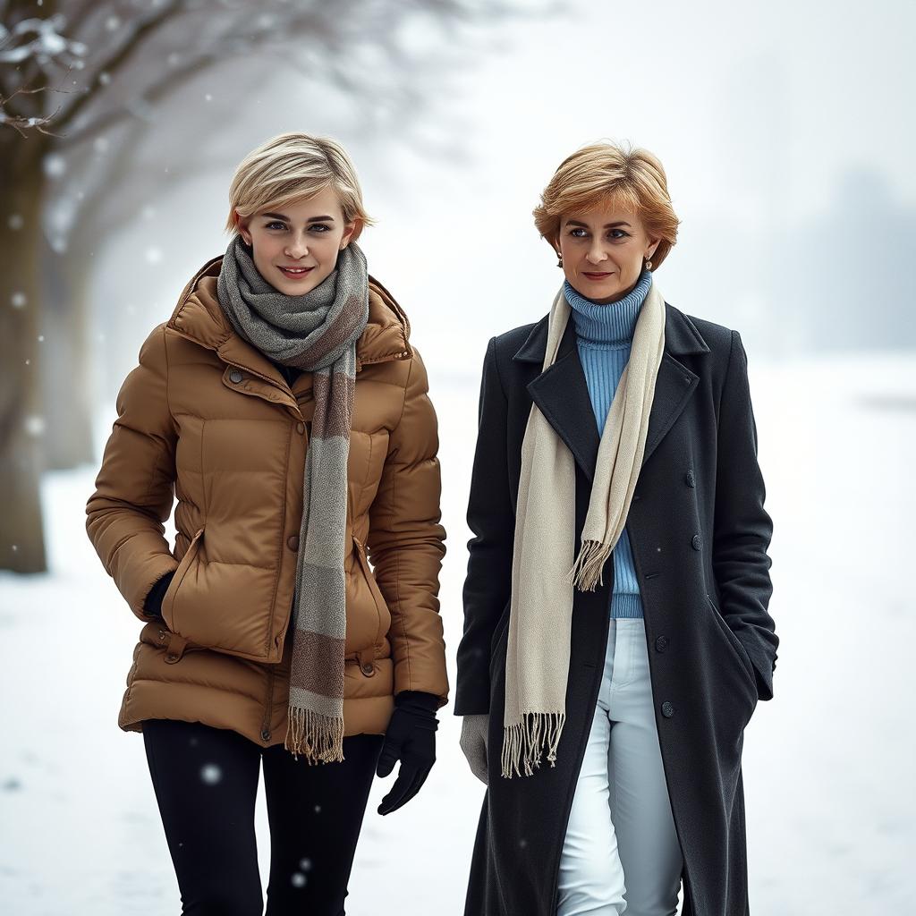 A visually captivating scene featuring a pretty tall young woman with short blonde hair, dressed in a stylish puffy jacket, scarf, gloves, and black pants