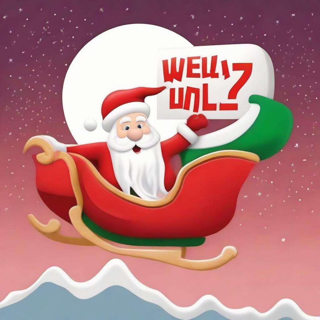 Santa Claus in his sleigh flying over a sign reading 'Welly', modelled after the classic Hollywood sign, with a big Santa hat resting on top.