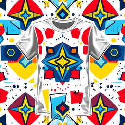 A vibrant and eye-catching t-shirt design featuring a stylized geometric pattern in bold colors like red, blue, and yellow
